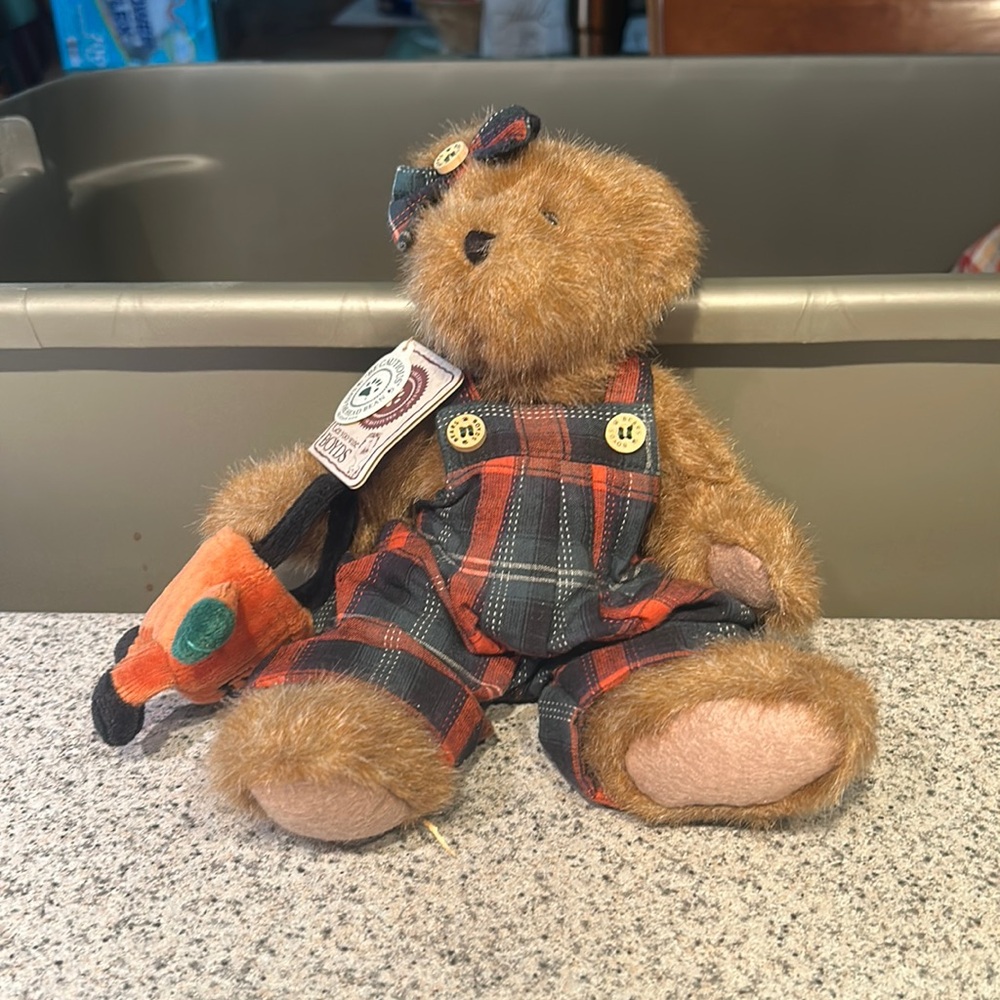 Boyds Bears plaid overalls with pumpkin bag